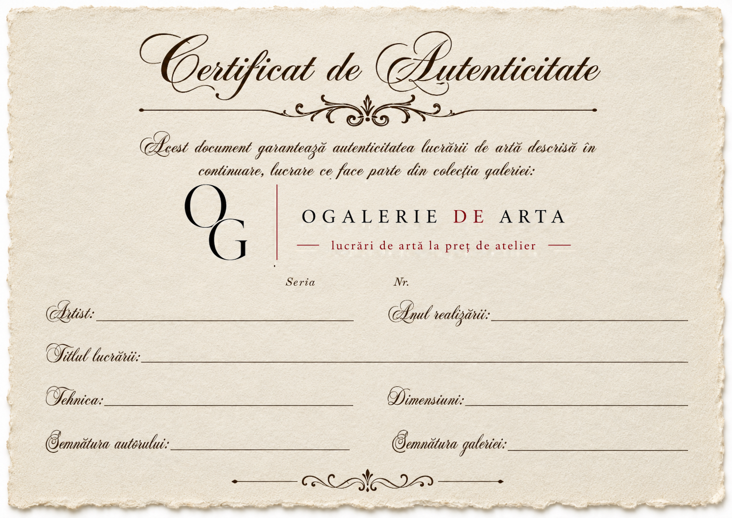 Certificat de autenticitate O Galerie de Artă