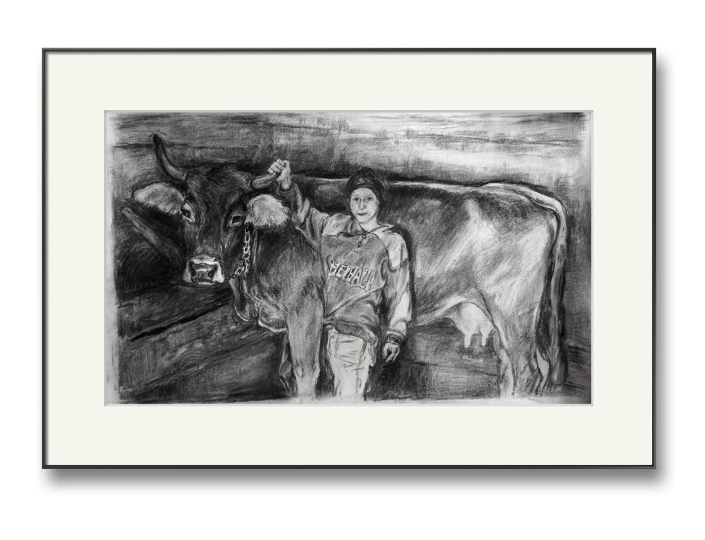 Băiat cu vaca – cărbune pe hârtie, artist Björn Reinhardt – Björn Reinhardt – O Galerie de Artă