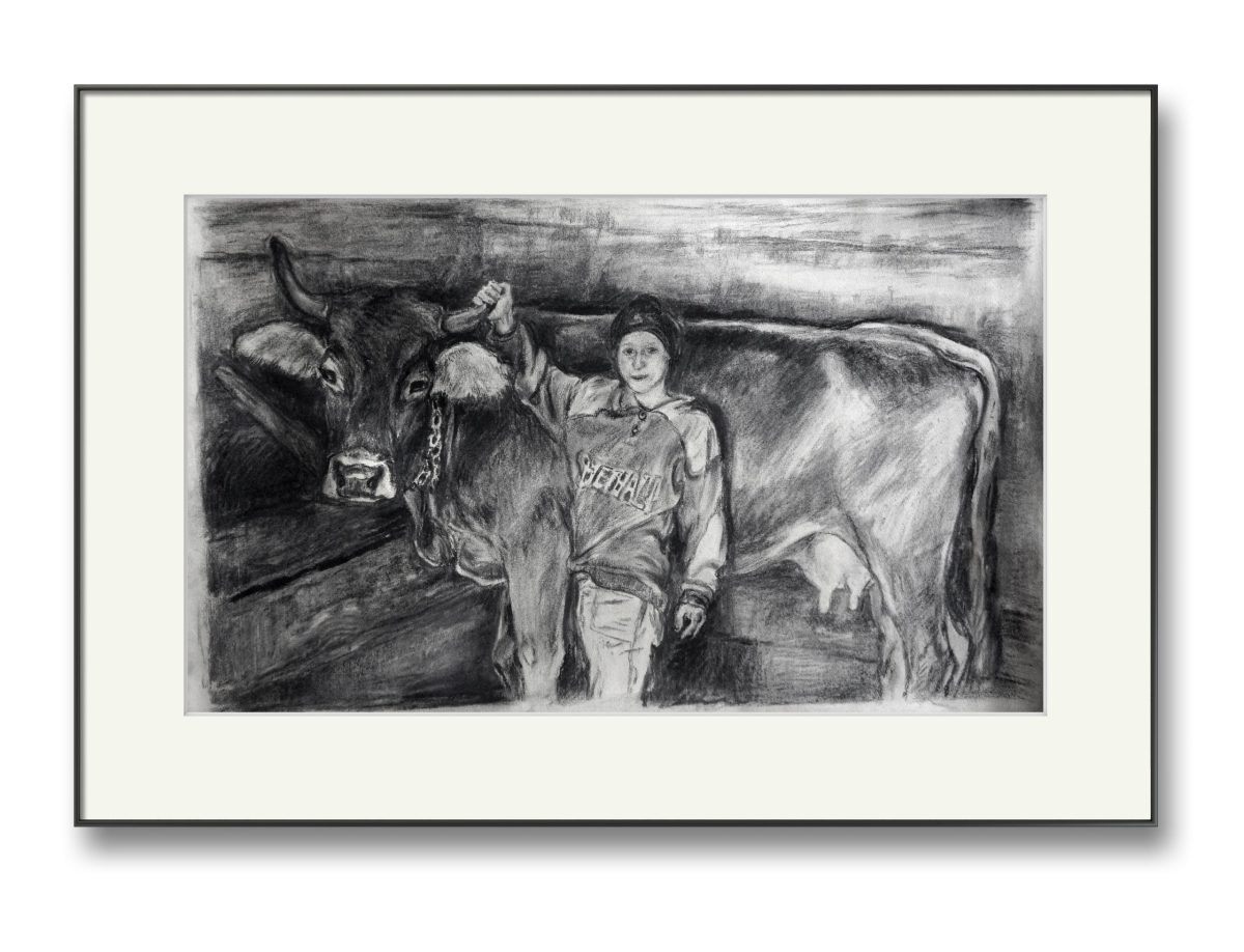 Băiat cu vaca – cărbune pe hârtie, artist Björn Reinhardt – Björn Reinhardt – O Galerie de Artă