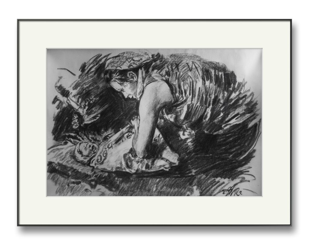 Fata cu copilul – cărbune pe hârtie, artist Björn Reinhardt – Björn Reinhardt – O Galerie de Artă