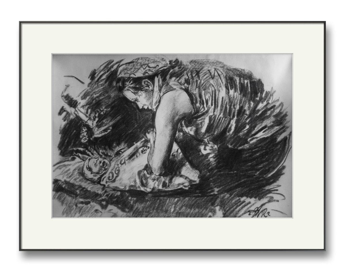 Fata cu copilul – cărbune pe hârtie, artist Björn Reinhardt – Björn Reinhardt – O Galerie de Artă