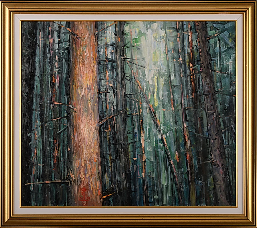 Trunchi de molid în lumină – pictură în ulei, artist Petru Leahu – Petru Leahu – O Galerie de Artă
