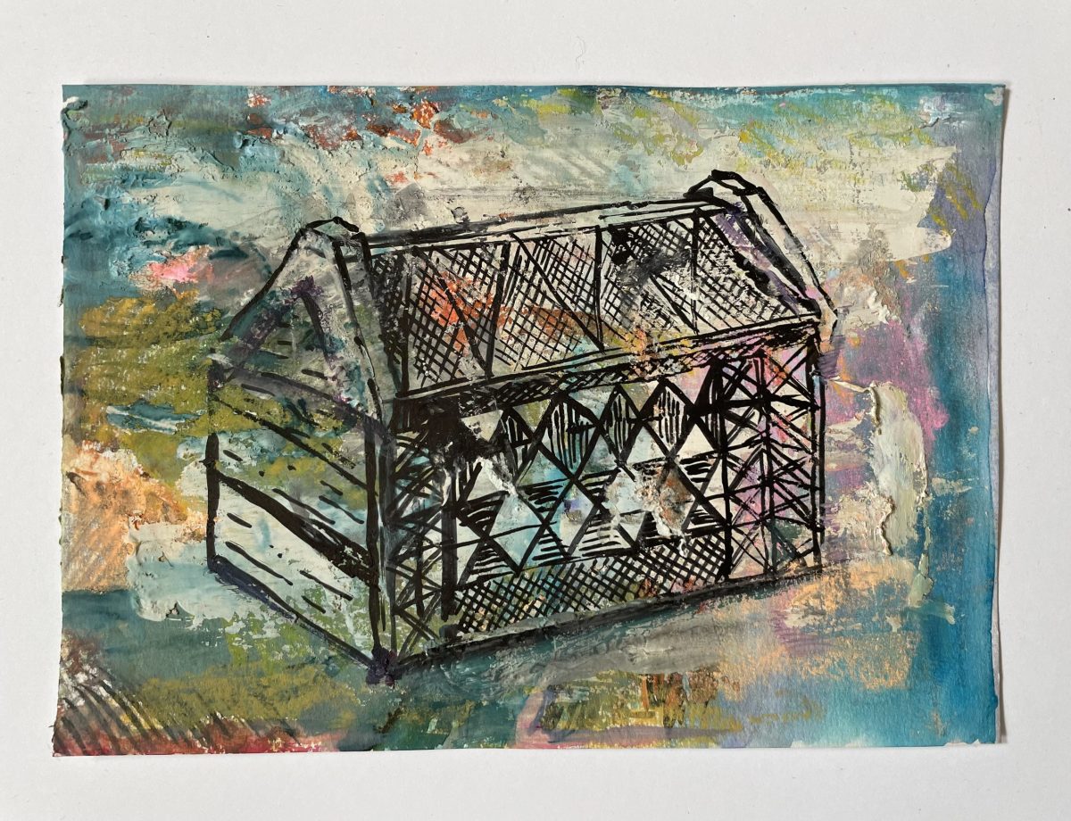Lada de zestre I (Tron de pe Târnava Mare) – tehnică̆ mixtă pe hârtie – tehnică mixtă, artistă Cristina Marian – Cristina Marian – O Galerie de Artă